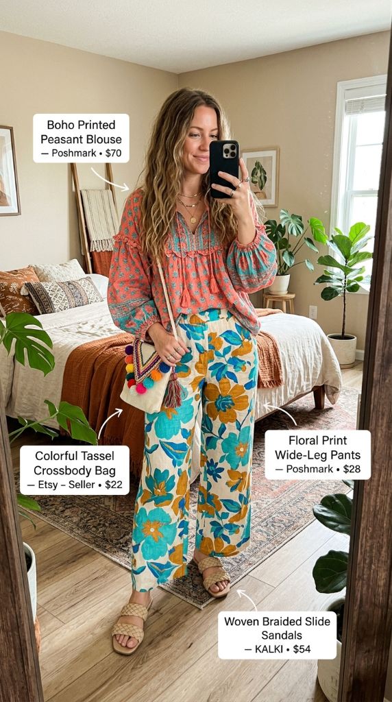 Boho Printed Peasant Blouse and Floral Linen Pants