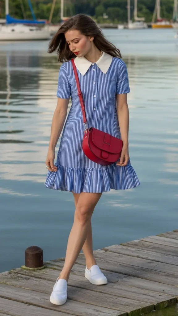 Blue and white striped button-front mini dress with white Peter Pan collar, ruffle hem, white slip-on sneakers, and red crossbody saddle bag