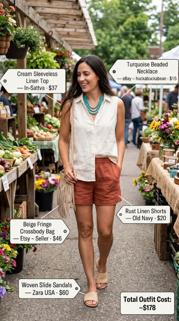 Cream Linen Top With Rust Linen Shorts