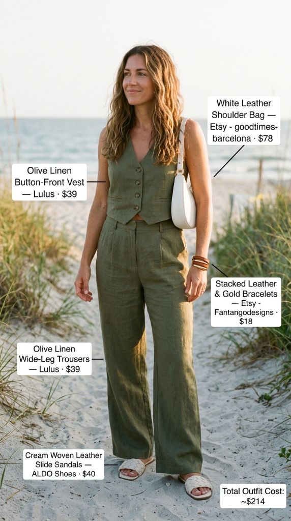 Olive Linen Button-Front Vest and Wide-Leg Trousers
