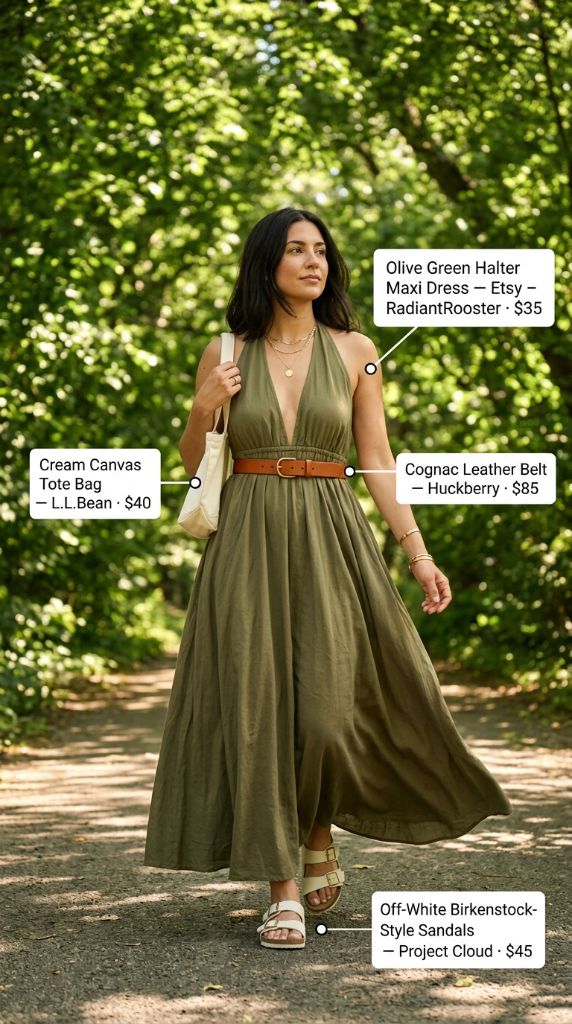 Olive Green Halter Maxi Dress Outfit