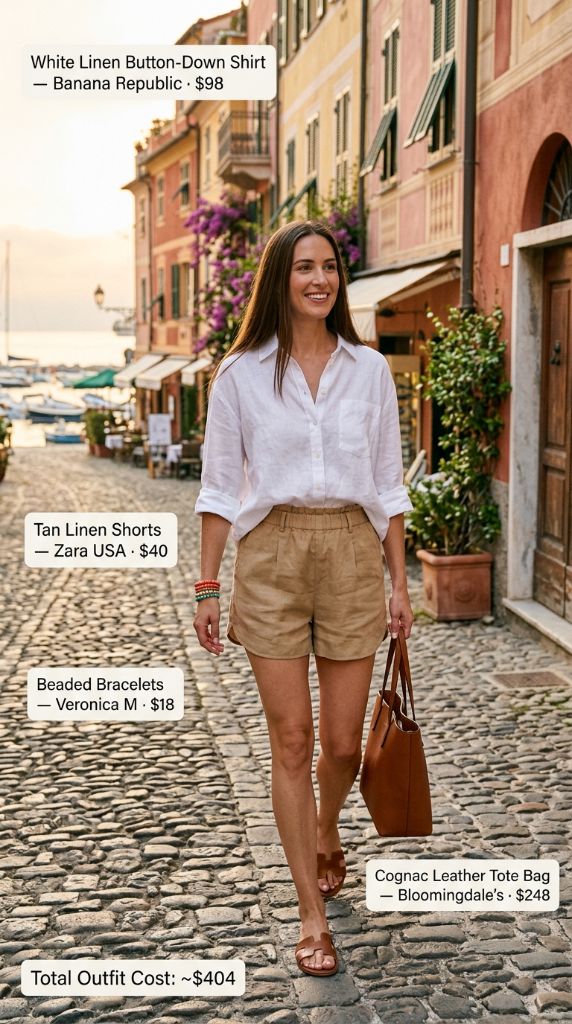 European Linen Shorts And Leather Tote
