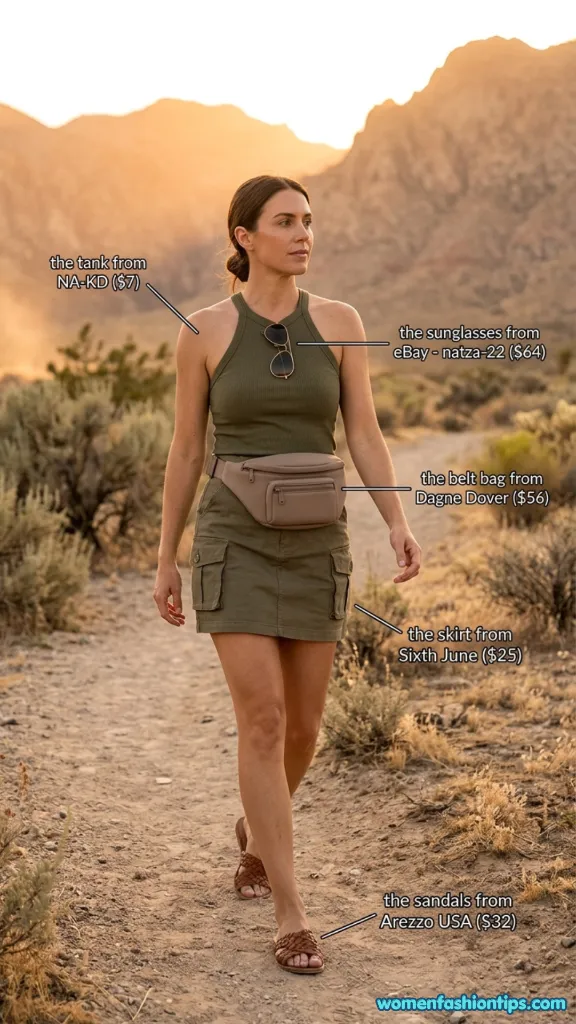 Olive green tank and cargo mini skirt with belt bag on a desert hiking trail