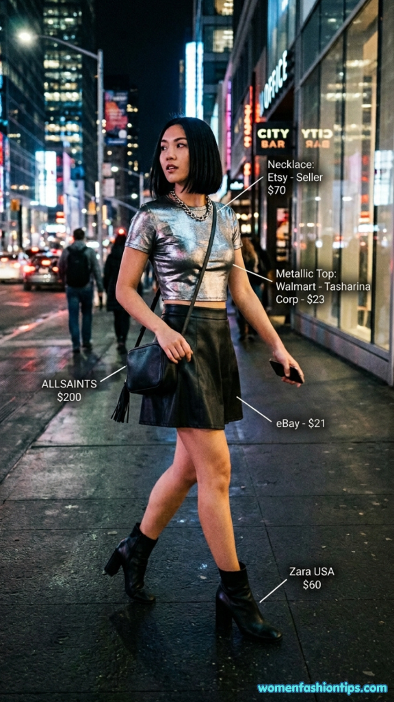 Metallic silver crop top with black leather mini skirt and black ankle boots at night in Times Square