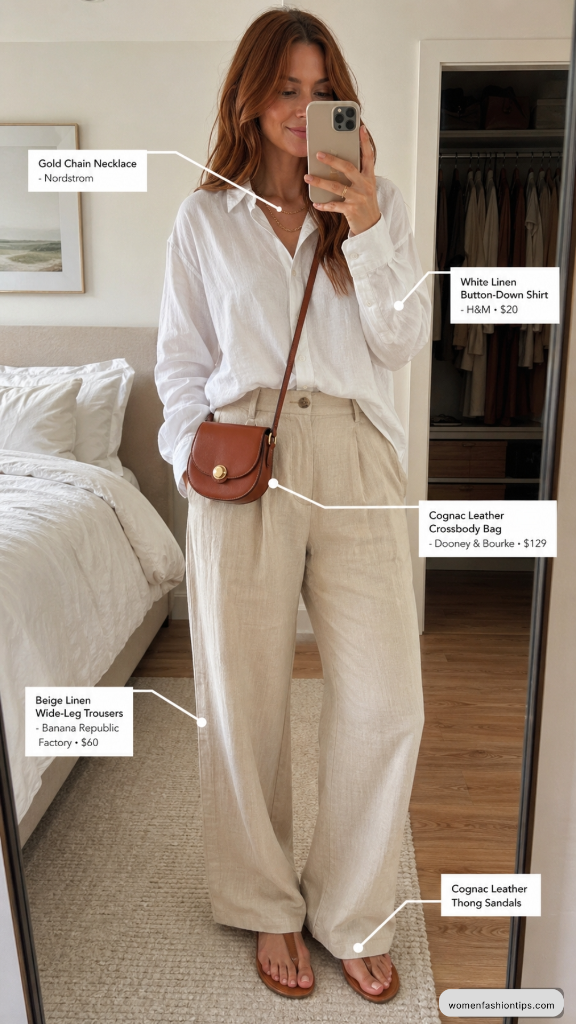White Linen Button-Down Shirt with Beige Linen Trousers and Cognac Crossbody