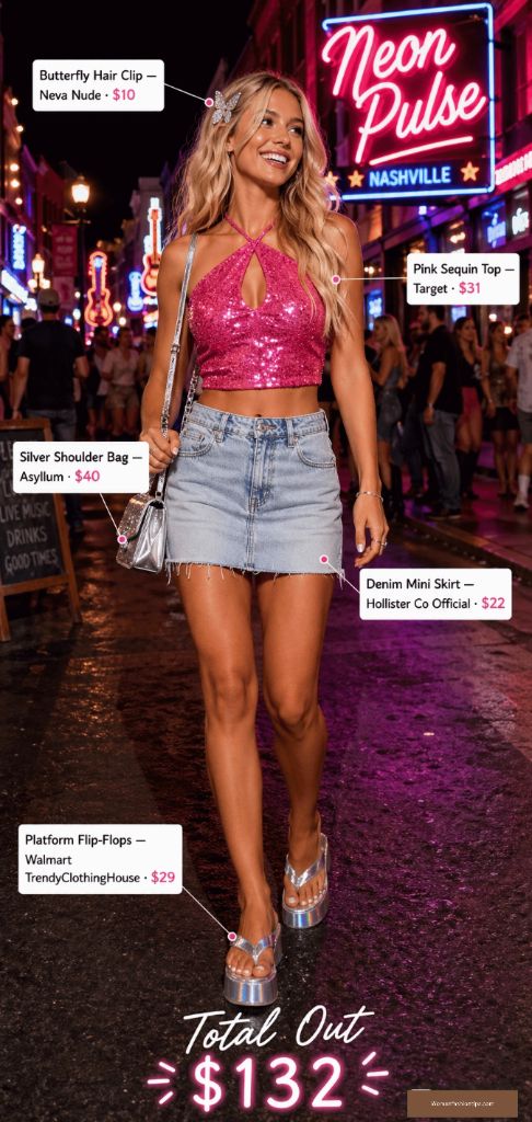 Pink Sequin Top And Denim Mini Skirt