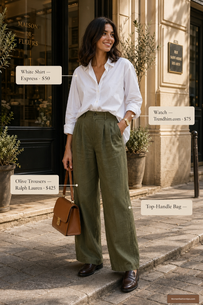 White shirt and olive linen trousers outfit