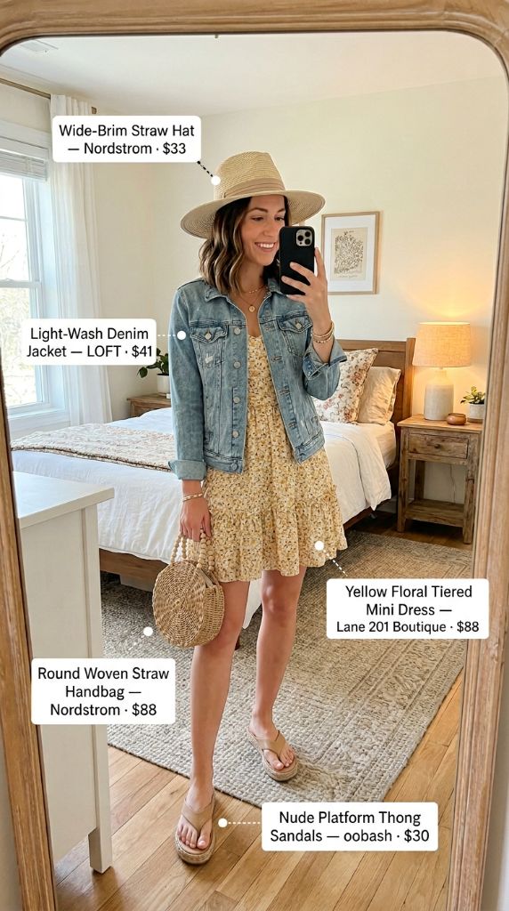 Yellow Floral Tiered Mini Dress with Denim Jacket