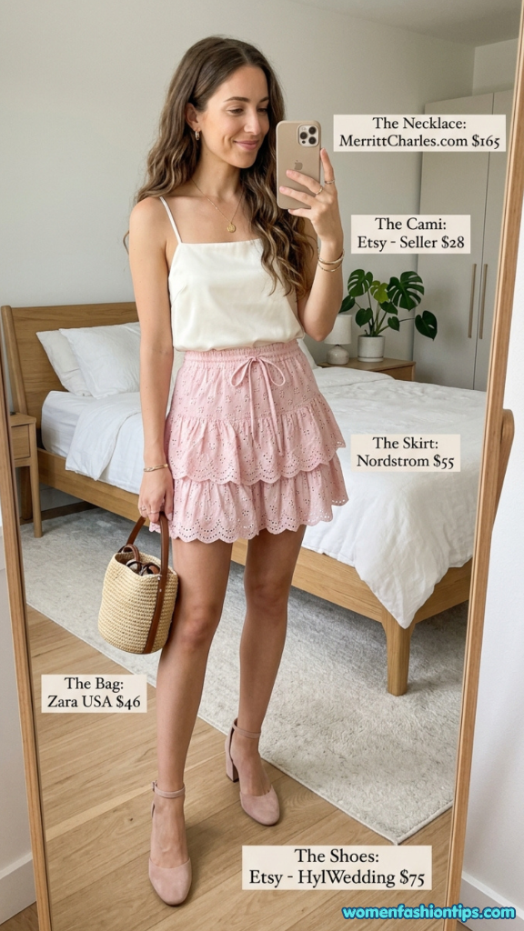 Pink eyelet mini skirt outfit with white cami and straw bag