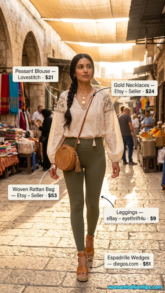 Peasant blouse with olive leggings, woven rattan bag, and espadrille wedges