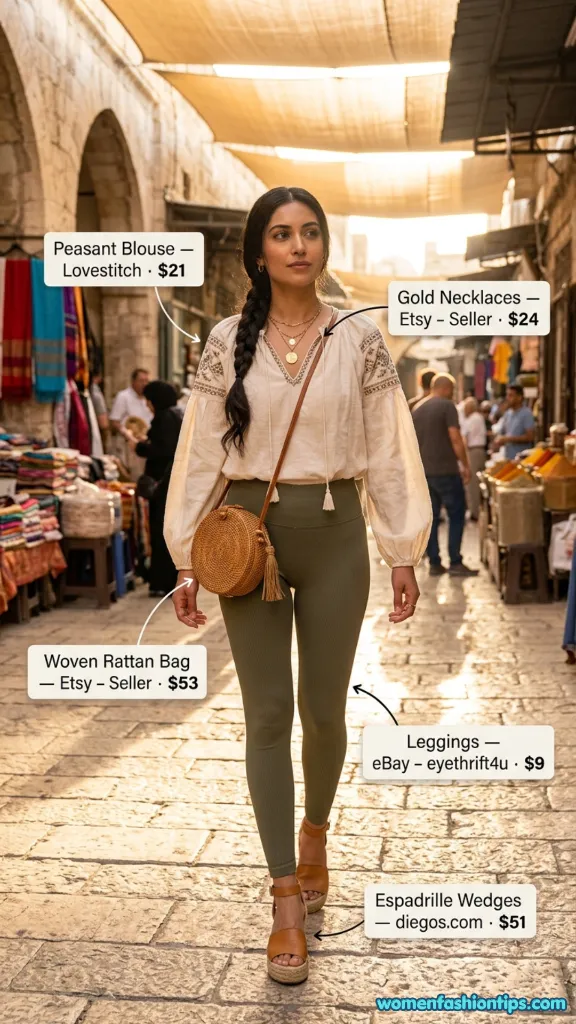 Peasant blouse with olive leggings, woven rattan bag, and espadrille wedges