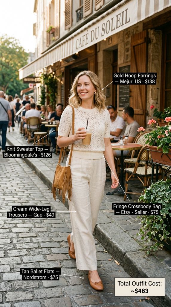 Cream Knit Sweater Top with Wide-Leg Trousers