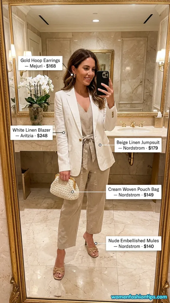 Polished Linen Blazer Over Beige Jumpsuit