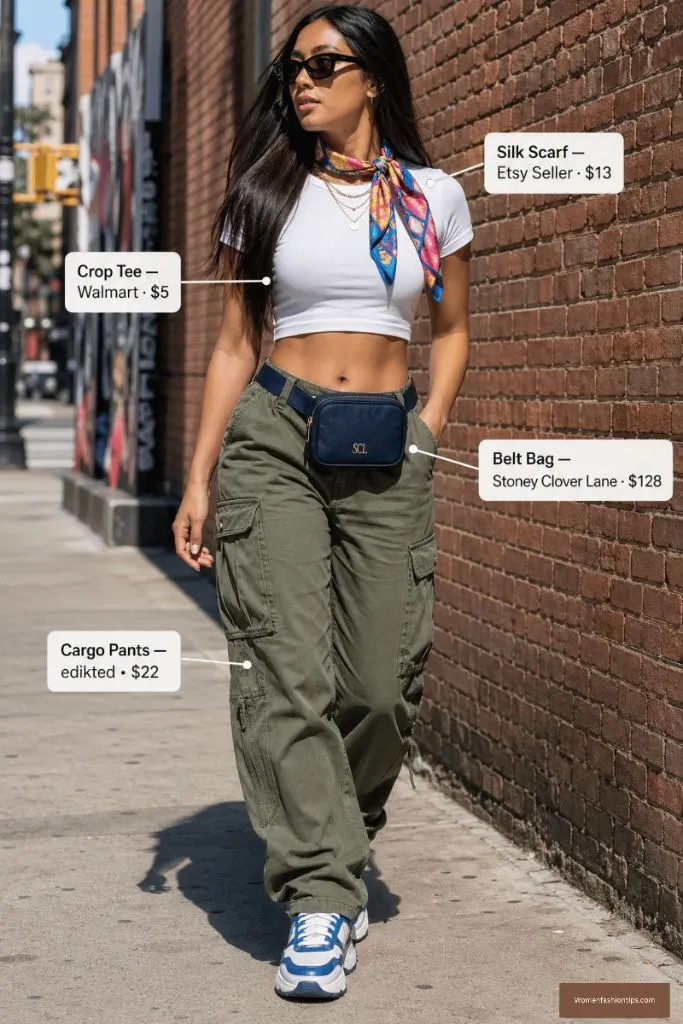 Crop Tee With Silk Scarf And Cargo Pants