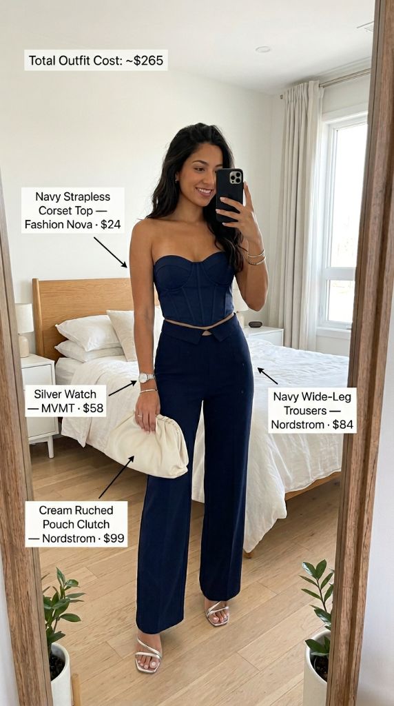 Navy Strapless Corset Top with Navy Wide-Leg Trousers