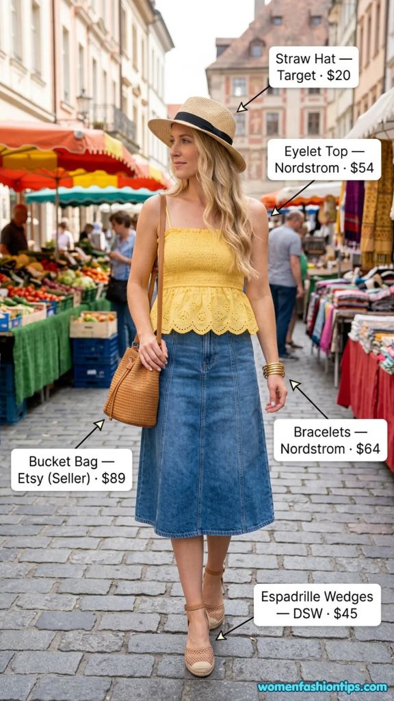 Yellow Eyelet Top with Denim Skirt