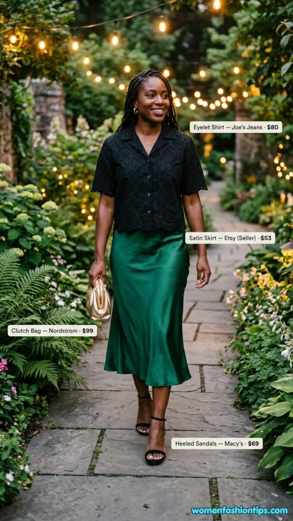 Black Eyelet Shirt with Emerald Satin Skirt