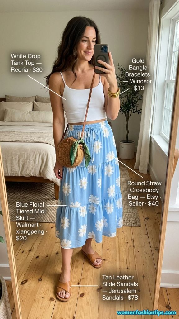 Blue Floral Tiered Midi Skirt Outfit