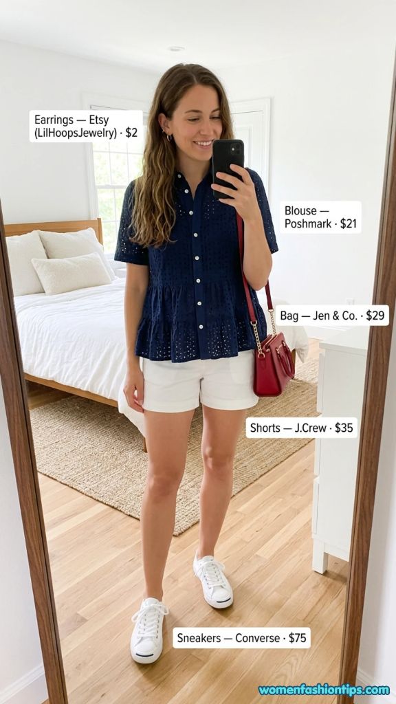 Navy Eyelet Blouse with White Shorts