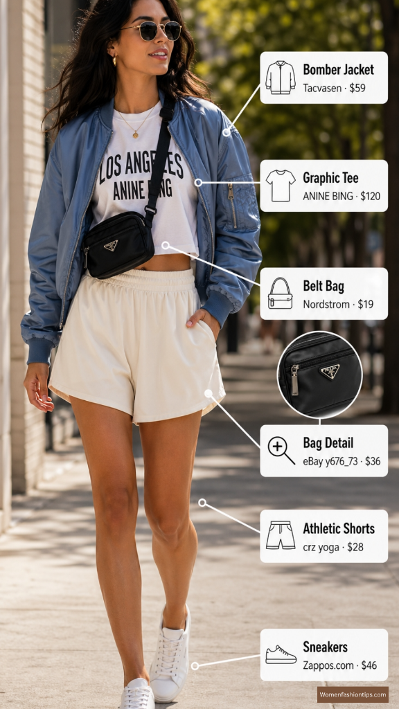 Blue bomber jacket and athletic shorts outfit