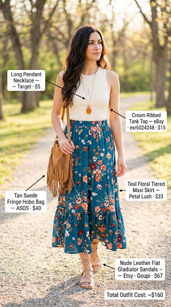 Teal Floral Tiered Maxi Skirt with Cream Tank Top
