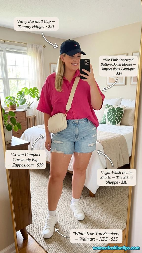 Hot pink oversized button-down blouse with light-wash denim shorts