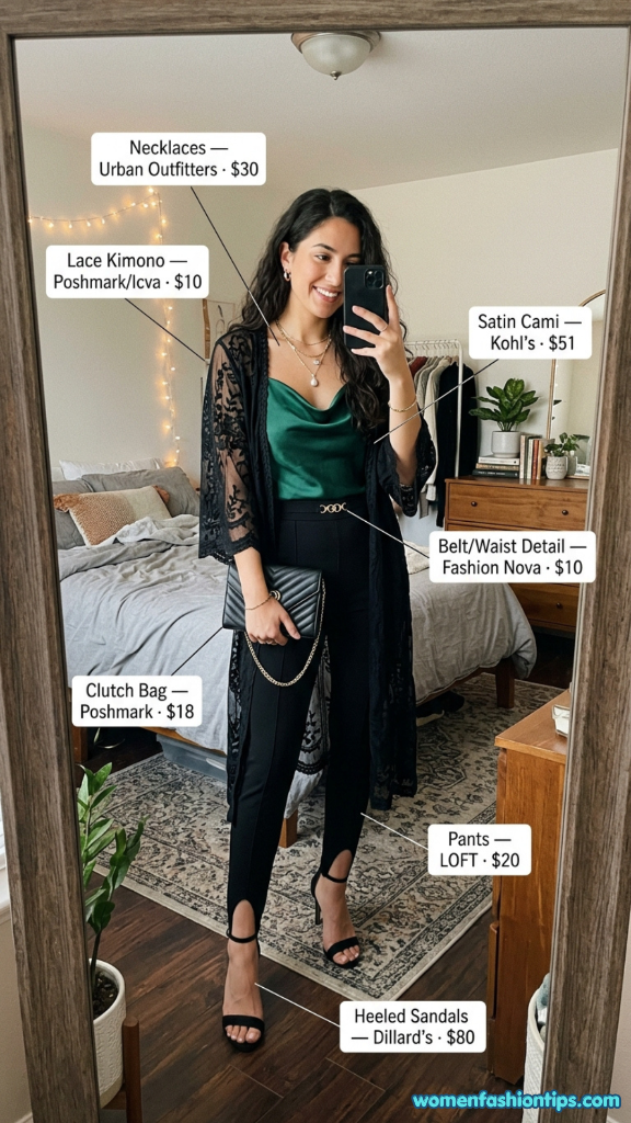Green satin cami with black lace kimono, black pants, and heeled sandals