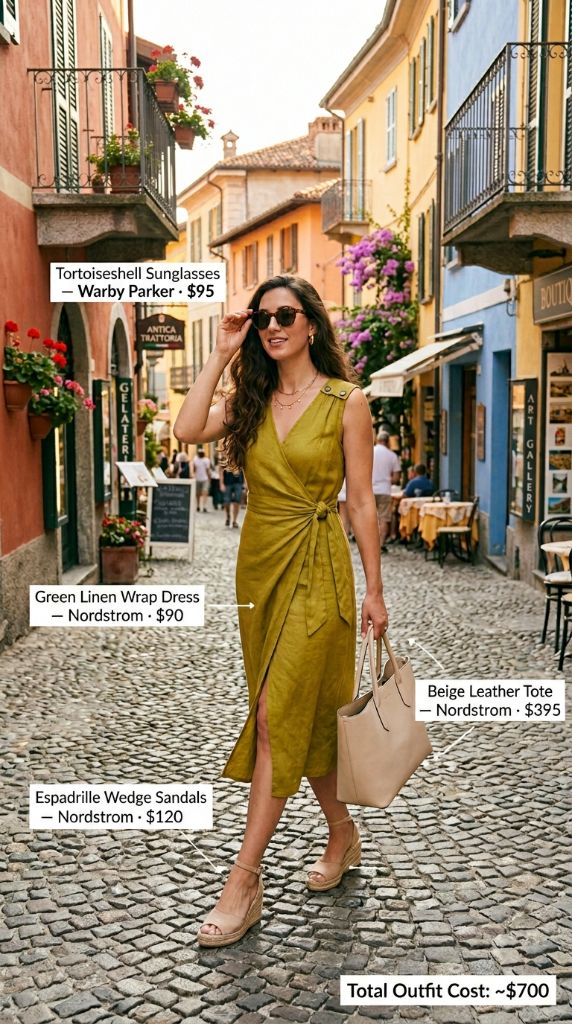 Olive Green Linen Wrap Dress in the Sun