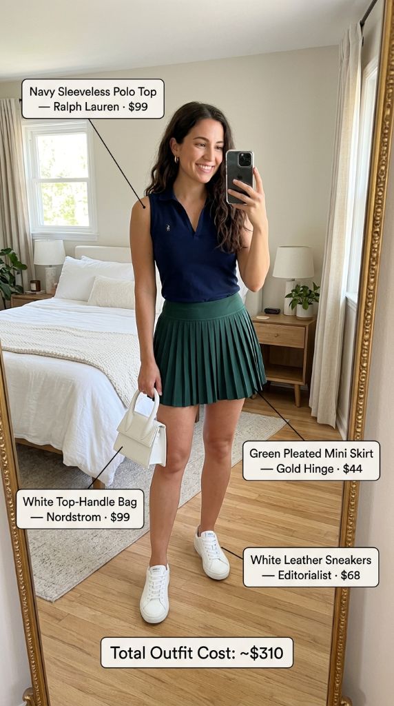 Navy Sleeveless Polo With Green Pleated Mini