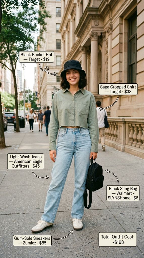 Sage Cropped Shirt with Bucket Hat Outfit