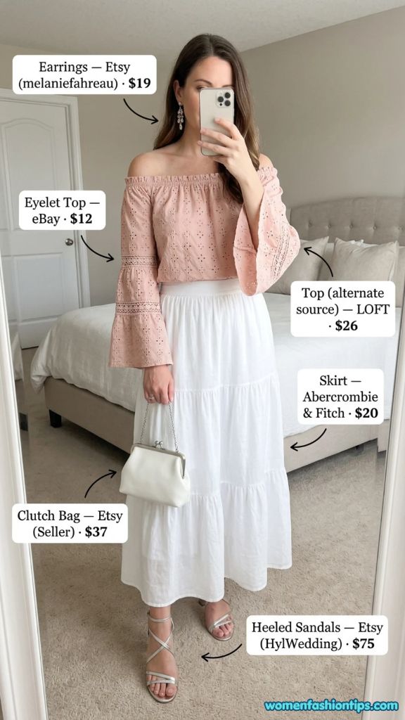 Blush Eyelet Off-Shoulder Top with White Skirt