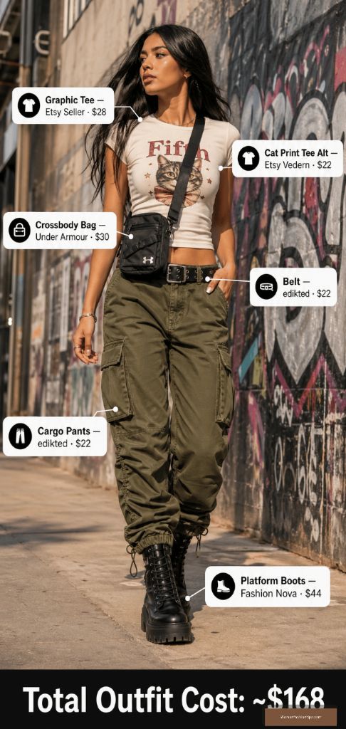 Cat Print Tee With Olive Cargo Pants