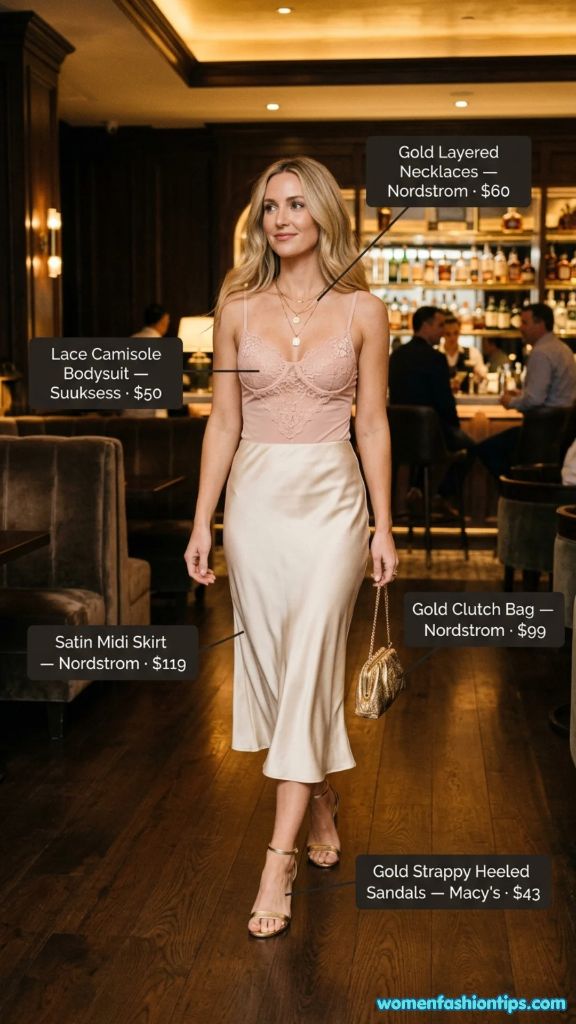 Lace Camisole Bodysuit with Satin Midi Skirt