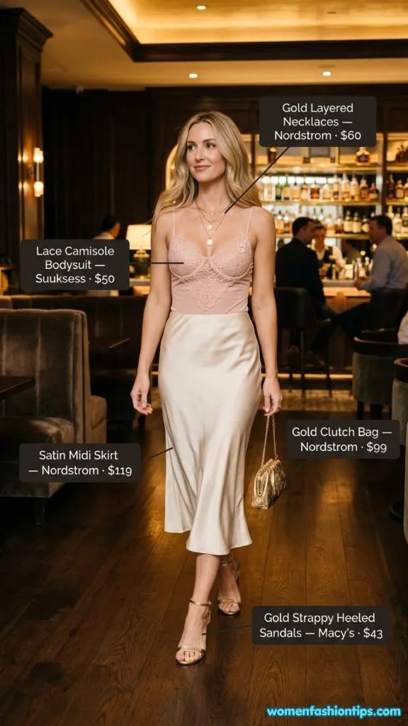 Lace Camisole Bodysuit with Satin Midi Skirt