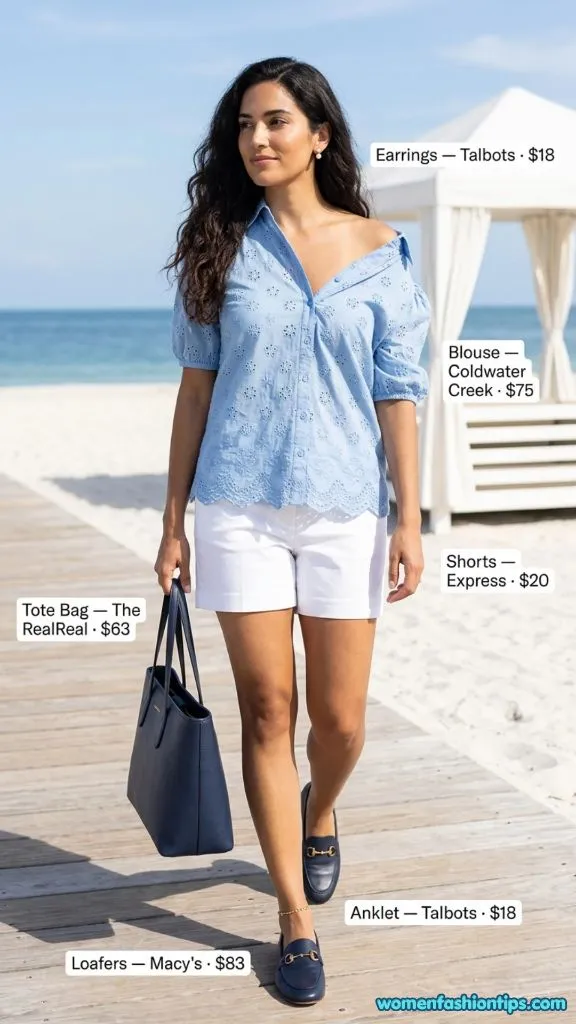 Light Blue Eyelet Blouse with White Shorts
