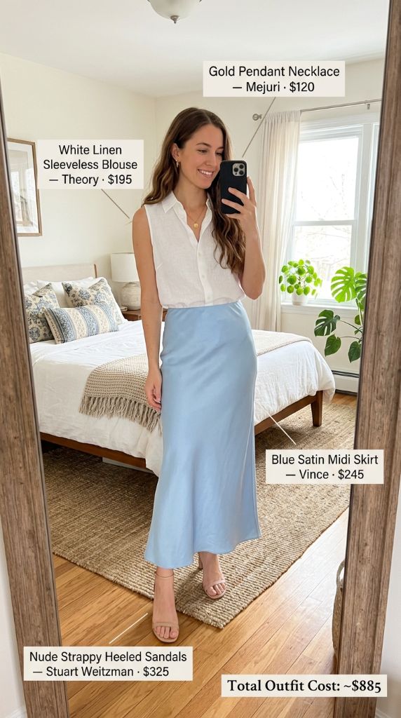 White Linen Blouse With Blue Satin Midi Skirt