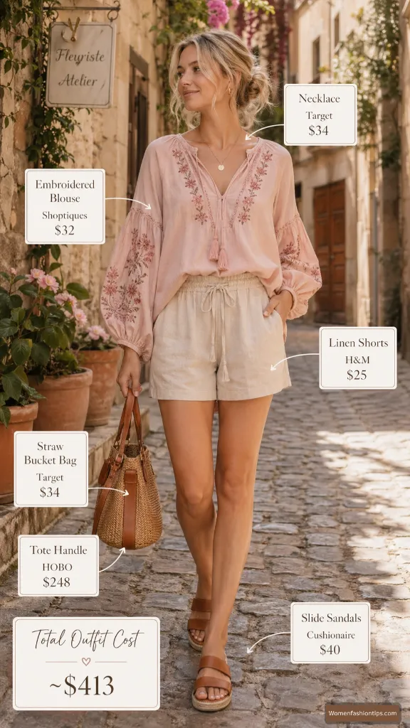 Pink embroidered blouse and linen shorts outfit
