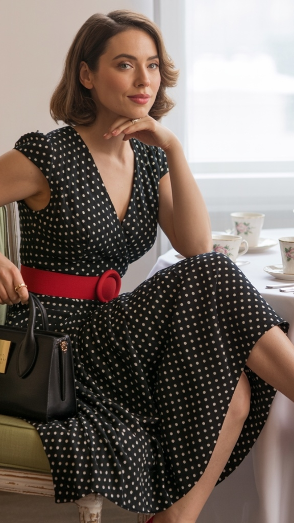 Black and white polka dot cap-sleeve wrap dress with red belt and black handbag
