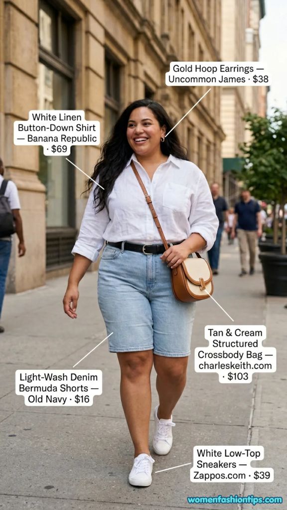 White linen button-down shirt with light-wash denim bermuda shorts city street style