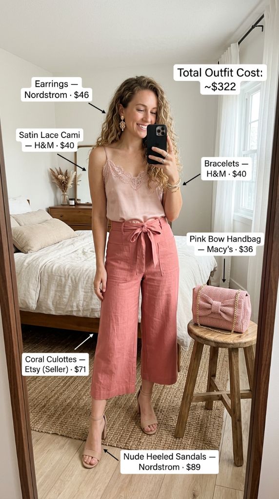 Coral Linen Culottes With Satin Cami
