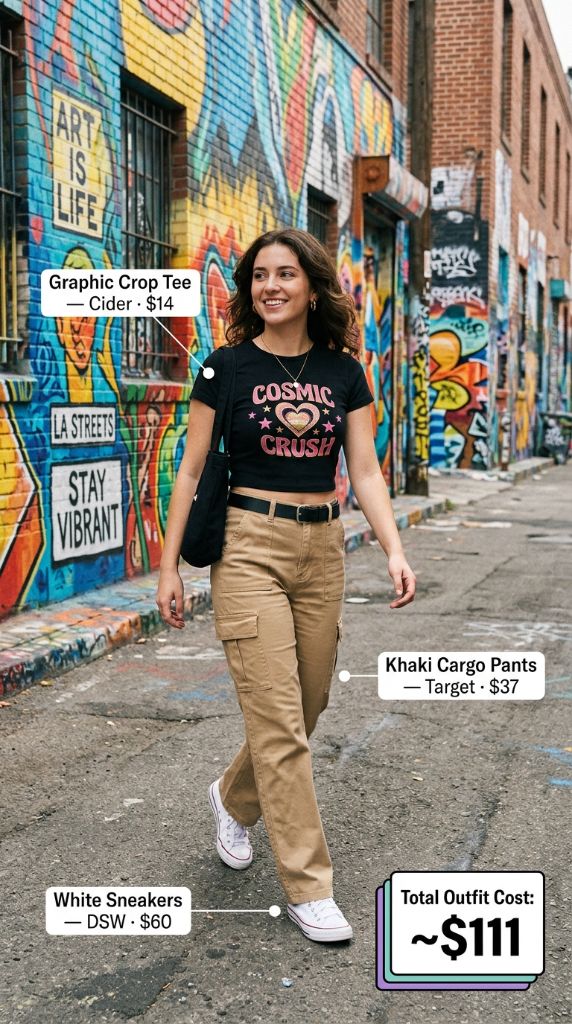 Graphic Crop Tee with Khaki Cargo Pants