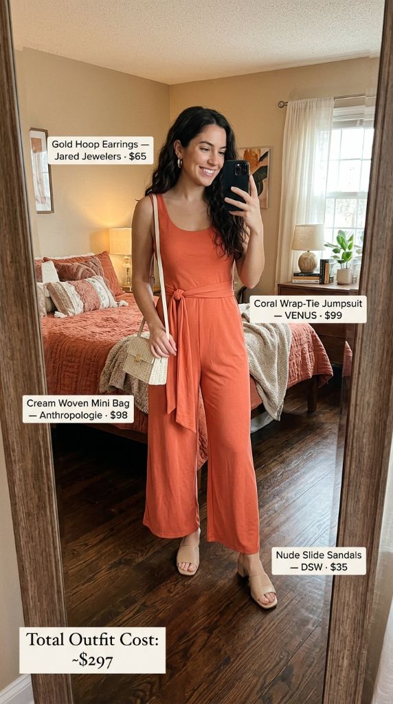 Coral Wrap-Tie Jumpsuit with Woven Accessories
