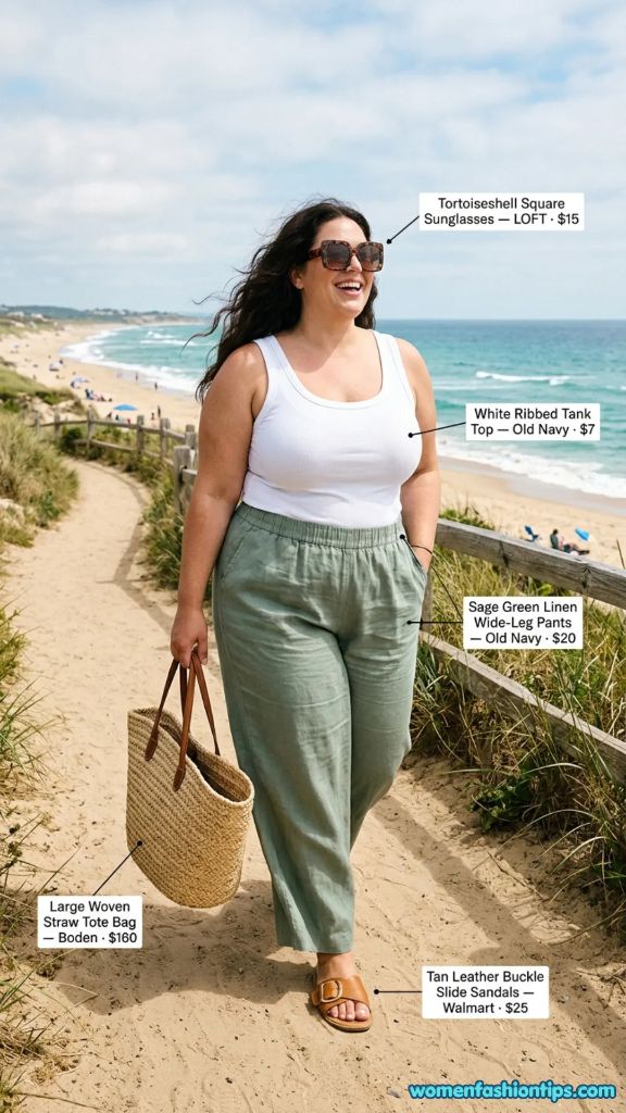 White ribbed tank top with sage green linen wide-leg pants beach outfit