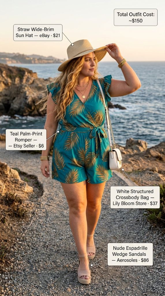 Curvy woman in teal palm-print romper with wide-brim sun hat, white crossbody bag, and nude espadrille wedge sandals on rocky coastline