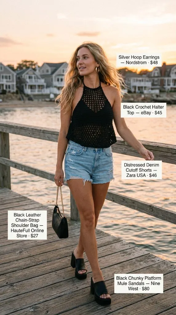 Black Crochet Halter and Denim Sunset Look