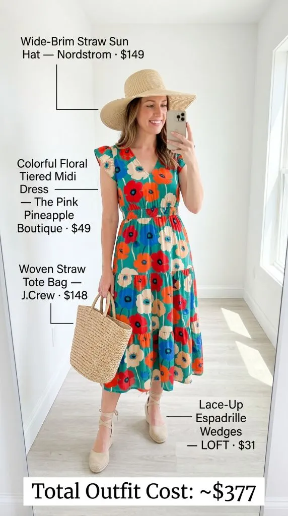 Colorful Floral Tiered Midi Dress with Straw Accessories