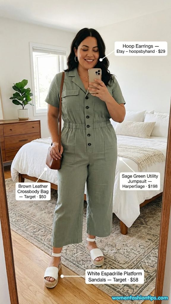 Sage green utility jumpsuit close-up mirror selfie with brown crossbody bag