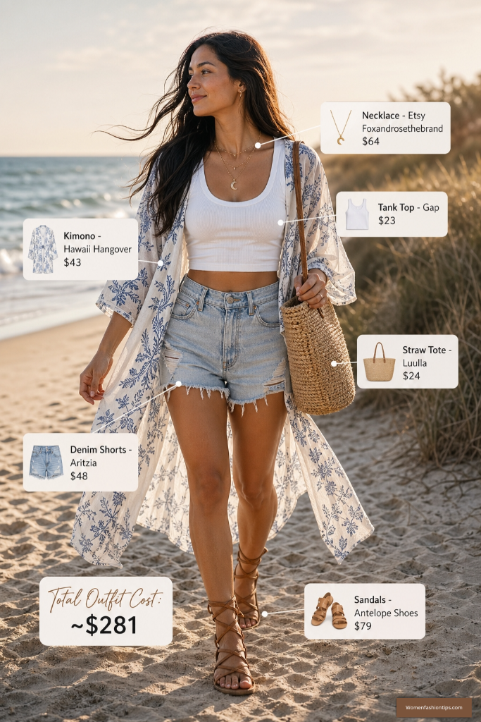 Beachside Floral Kimono With Denim Shorts
