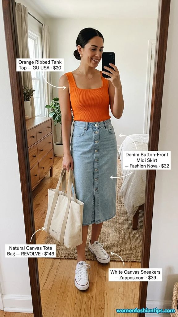 Denim Button-Front Midi Skirt Outfit