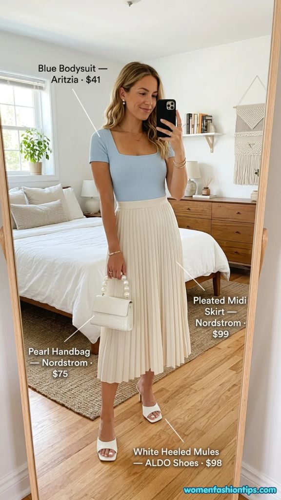 Blue Bodysuit with Cream Pleated Midi Skirt